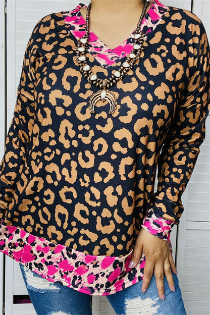 YMY13849 Leopard pink multi color in neckline/cuff/bottom brown leopard printed in the body long sleeve women tops