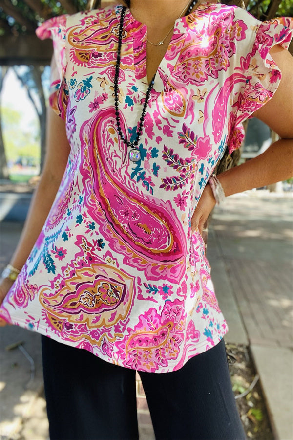 BQ15642 Paisley multi color printed short sleeve/ruffle V-neckline women tops