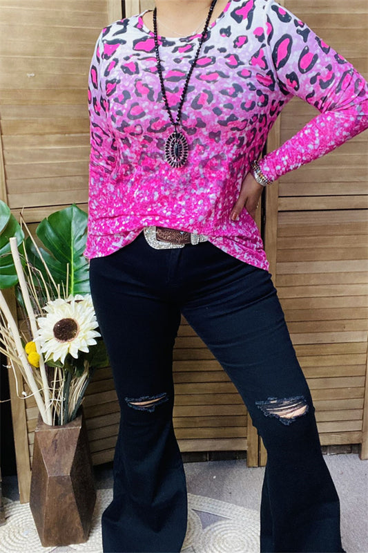 XCH14428 Gradual pink leopard multi color printed long sleeve women top(DS7)