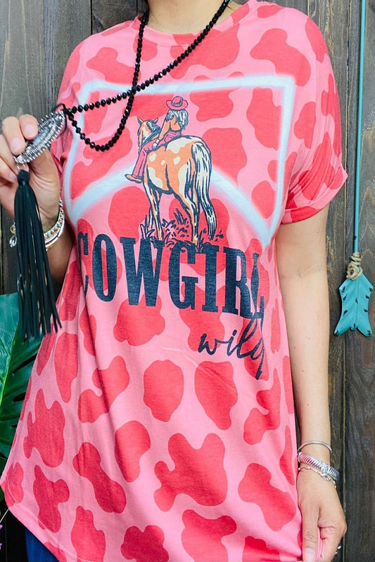 XCH14369 pink leopard "COWGIRL"printed short sleeves women top