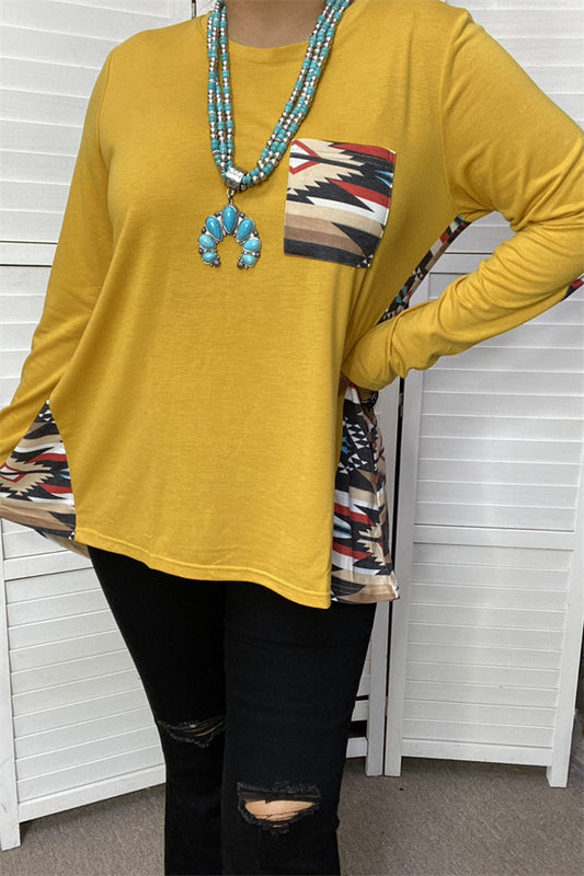 GJQ11338 Yellow &Aztec multi color printed long sleeve women top w/front pocket(FS10)