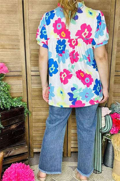 Floral multi color printed short sleeve & v-neckline women blouse XCH15792