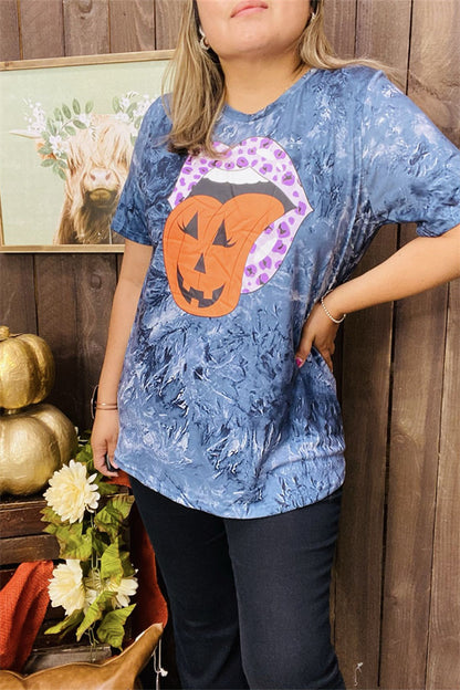 DLH10080 Spooky tongue&mouth tie-dye blue short sleeve women tops IS5