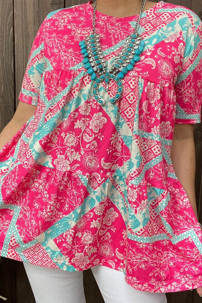 GJQ14194 Turquoise & Fuchsia floral printed baby doll blouse w/short sleeves