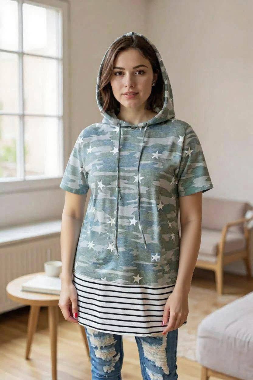 Star/striped printed short sleeve hoodie GJQ9755