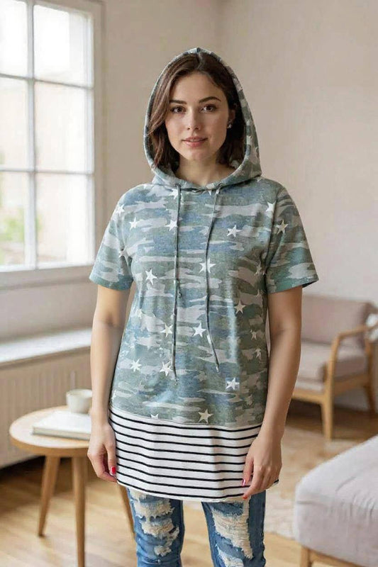 Star/striped printed short sleeve hoodie GJQ9755