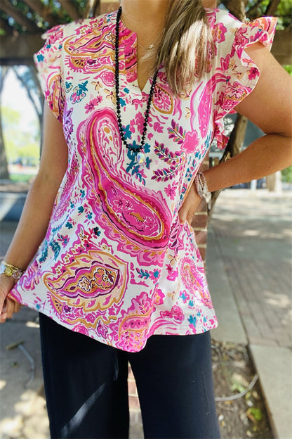 BQ15642 Paisley multi color printed short sleeve/ruffle V-neckline women tops