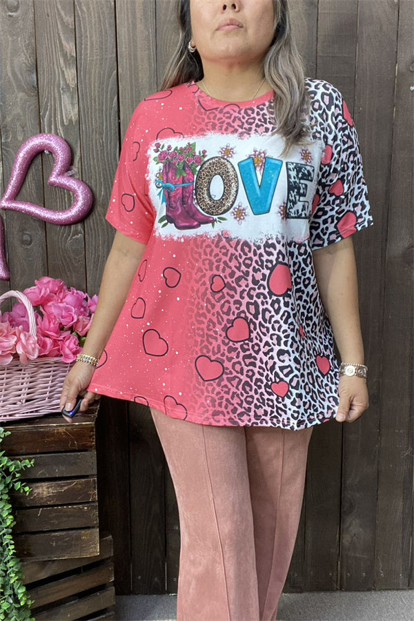 XCH14525 Boots & leopard & cow LOVE graphic hearts printed women top