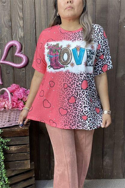 XCH14525 Boots & leopard & cow LOVE graphic hearts printed women top