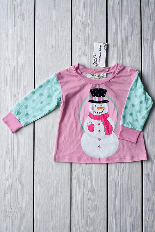 Christmas snowman printed pink long sleeve girls t-shirt XCH01017