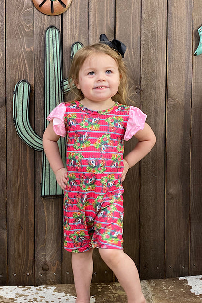 DLH1121-2 Fuchsia bull skull & horse shoe printed onesie w/ruffle sleeves A13S1