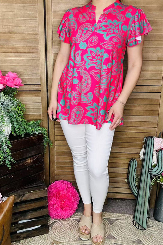 GJQ15844 Turquoise paisley&floral printed fuchsia background women tops short sleeve w/ruffle