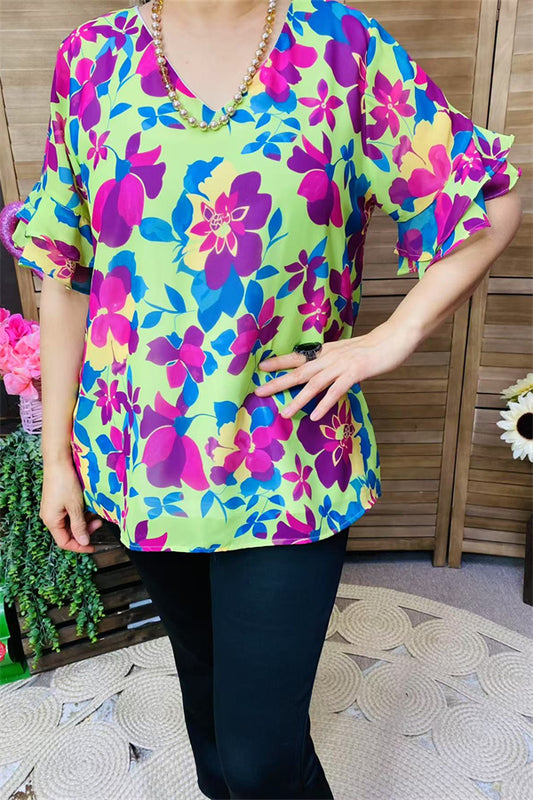 BQ15859 Mint&Turquoise multi color floral printed short sleeve w/double ruffle women tops