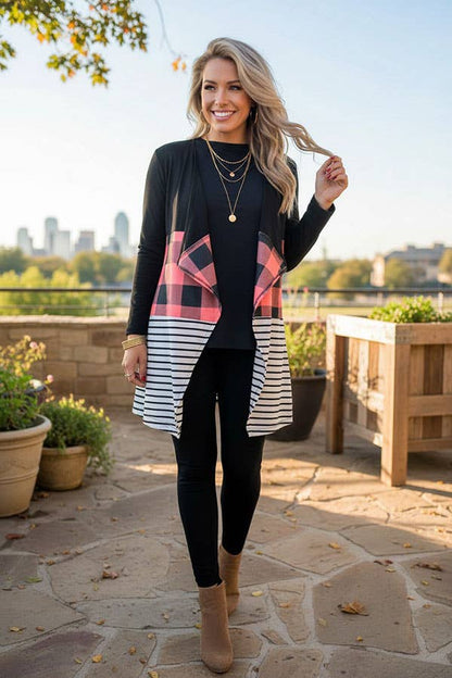 Black & checkered & striped color block irregular women caridgan GJQ8722