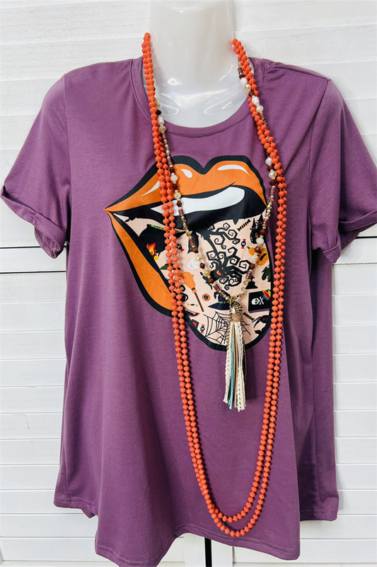 DLH9804 Purple Halloween mouth printed short sleeve women tops