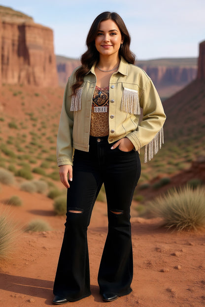 Western studded bling fringe denim long sleeve women jacket/coat DLH13754