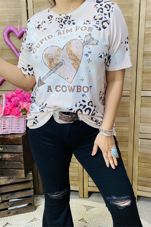 XCH14648 A COWBOY heart & arrow leopard printed short sleeve top