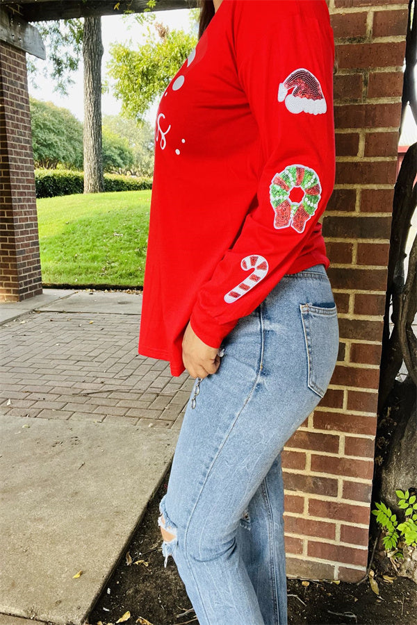 XCH15628 "Merry Christmas"white words printed long sleeve w/sequin Christmas accessories Patches women red tops