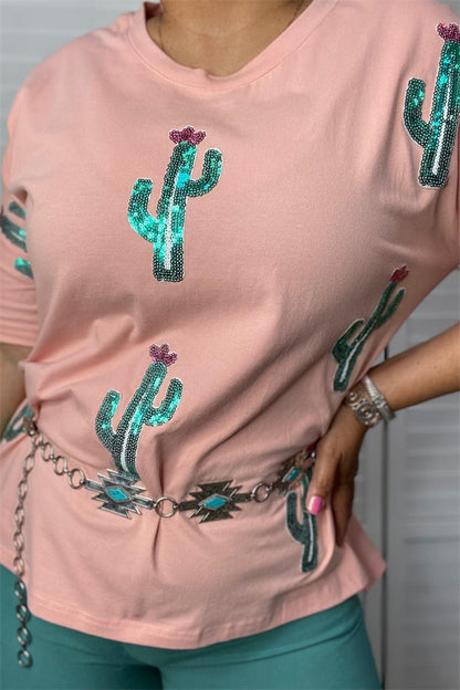 XCH15055 Sequin green cactus light pink loose short sleeve women tops