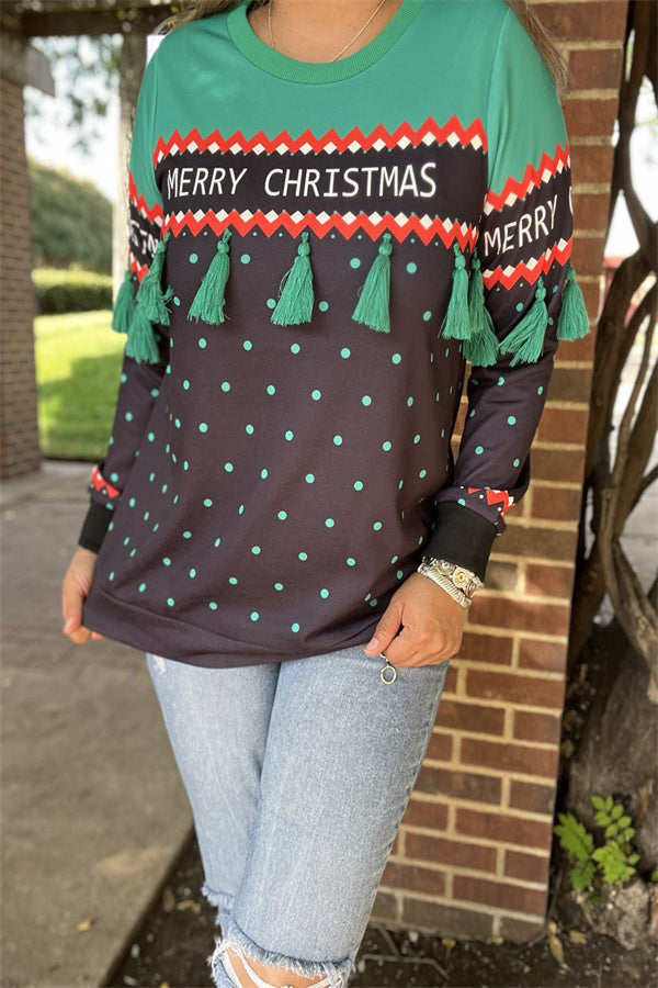 BQ15768 White"MERRY CHRISTMAS"words printed green dot green block solid color long sleeve women tops w/green tassels