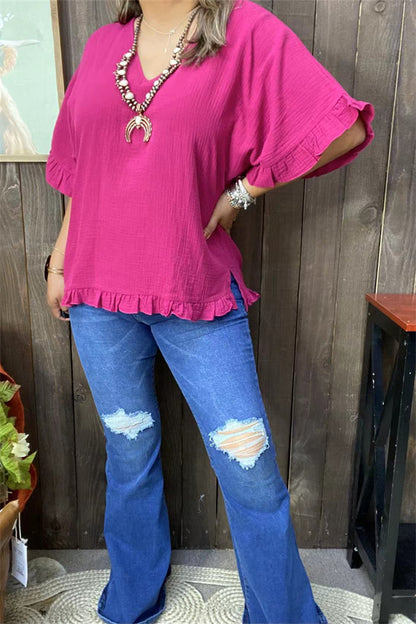 GJQ15661 Plum Bell w/ruffle short sleeve &loose women blouse