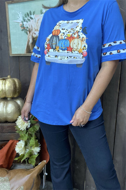 DLH9901 Blue Truck & pumpkin printed short sleeve top