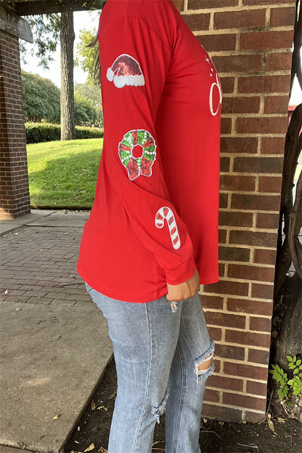 XCH15628 "Merry Christmas"white words printed long sleeve w/sequin Christmas accessories Patches women red tops