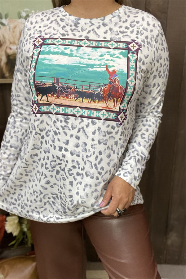 XCH14365 Cowboy graphic printed leopard background fabric long sleeve women tops