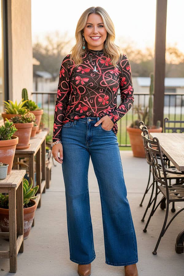 Western bow & horseshoes sheer long sleeve women's boutique top Southern Stitch XCH17162