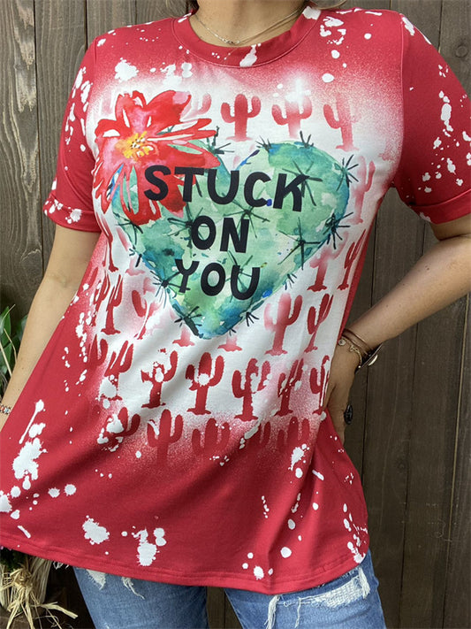 XCH14652 STUCK ON YOU Cactus&amp;Heart red multi color printed short sleeve women tops