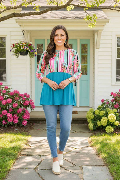 Striped & floral printed & turquoise color block 3/4 sleeves GJQ9144