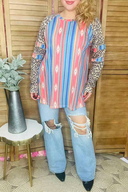 Multi color serape w/leopard printed long sleeves women top BQ10306