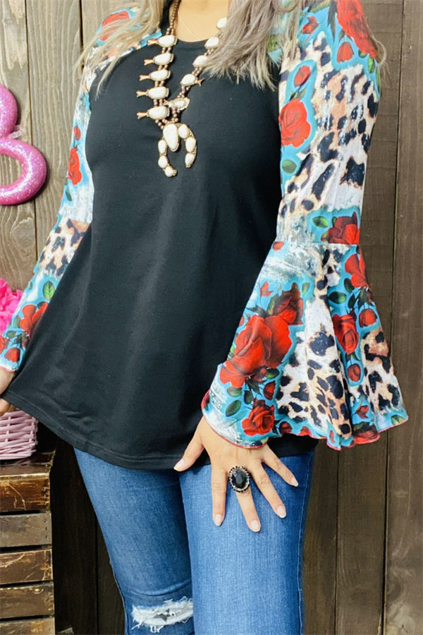 GJQ15193 Floral&Leopard multi color printed &raglan long bell sleeve women tops