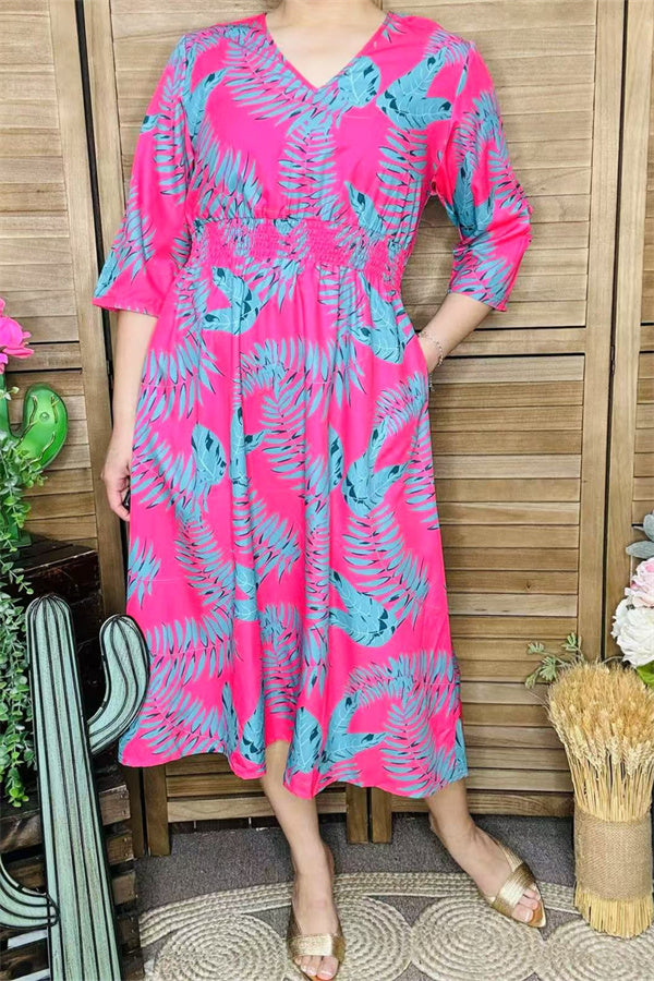 GJQ15990 Mint leaves printed the fuchsia women dress short sleeve w/side pockets &elastic waist band