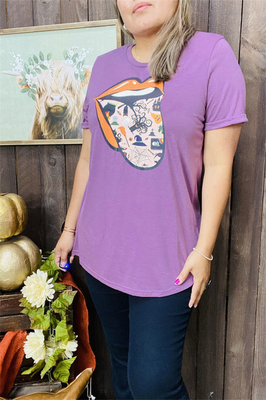 DLH9804 Purple Halloween mouth printed short sleeve women tops