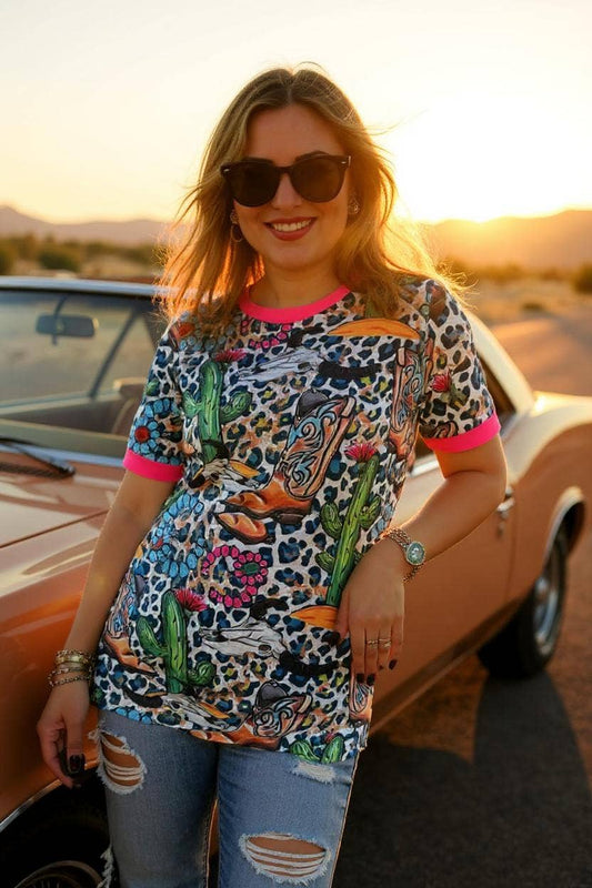 Cowboy boots & cactus jewels printed short sleeve top BQ12462