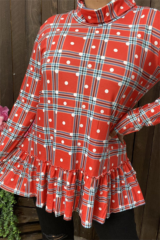 BQ6410 Red plaid mock neck w/ruffle bottom&long sleeve women tunic w/ polka dots print (AS15)