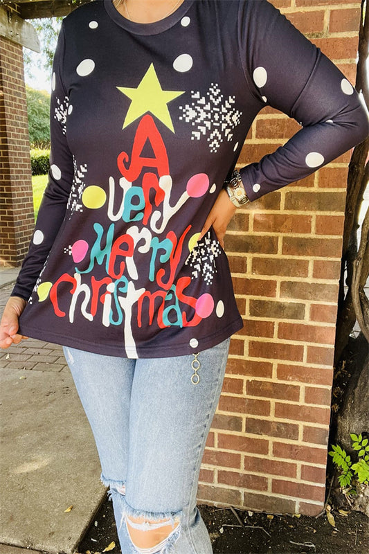 BQ15770"A Very Merry Christmas"multi color words printed for Christmas holiday w/dot long sleeve women black tops