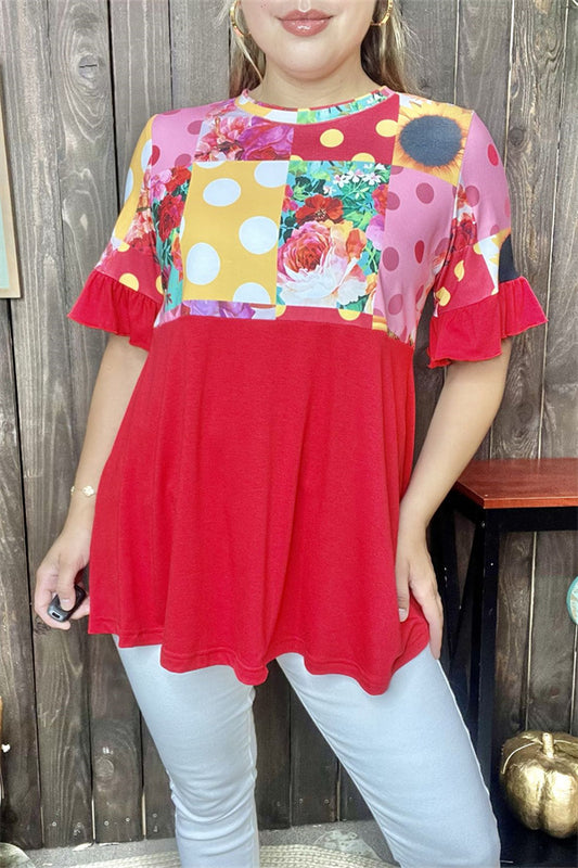 GJQ14884 Floral & dot printed red color block short sleeve women top