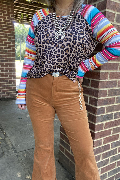 YMY9824 Leopard printed top w/serape multi color sleeves