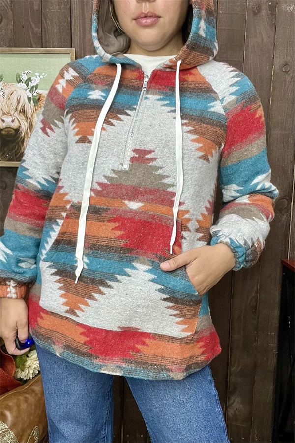 XCH15212 Aztec multi color printed w/string&front pockets women sweater/hoodie