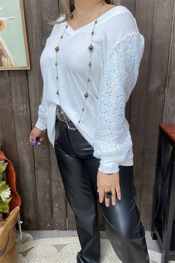 XCH15149 Sequin long sleeve w/tighten cuff white women tops