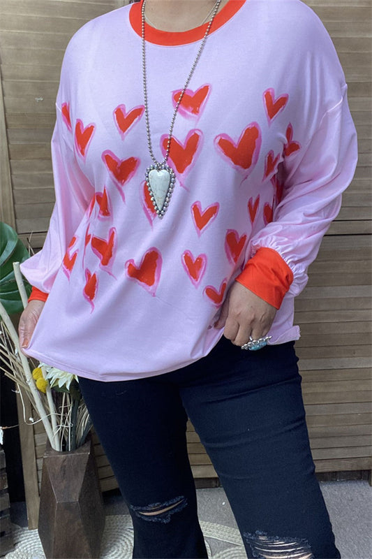 XCH14714 Red hearts printed long sleeve pink women top/blouse