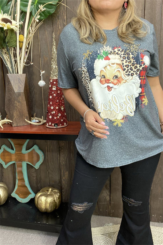 DLH15353 Santa claus w/leopard graphic printed short sleeve women tops for Christmas holiday