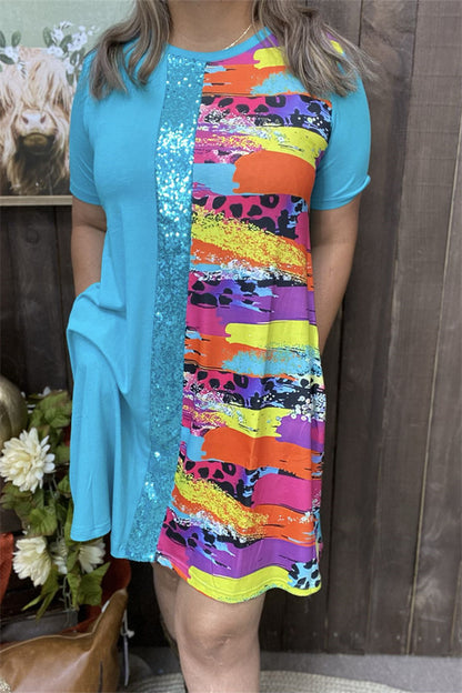 GJQ15176 Blue & Sequin & Prints color block short sleeve women dress