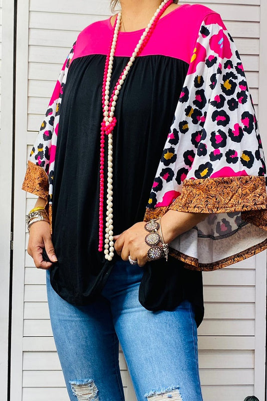 BQ14559 Pink & black color block women top w/leopard,flower,paisley bell sleeves