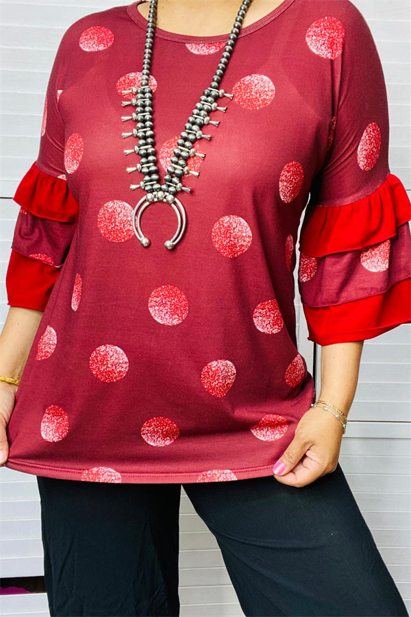 YMY9810-2 Burgundy  polka dot printed blouse with red double ruffle 3/4 sleeve for women