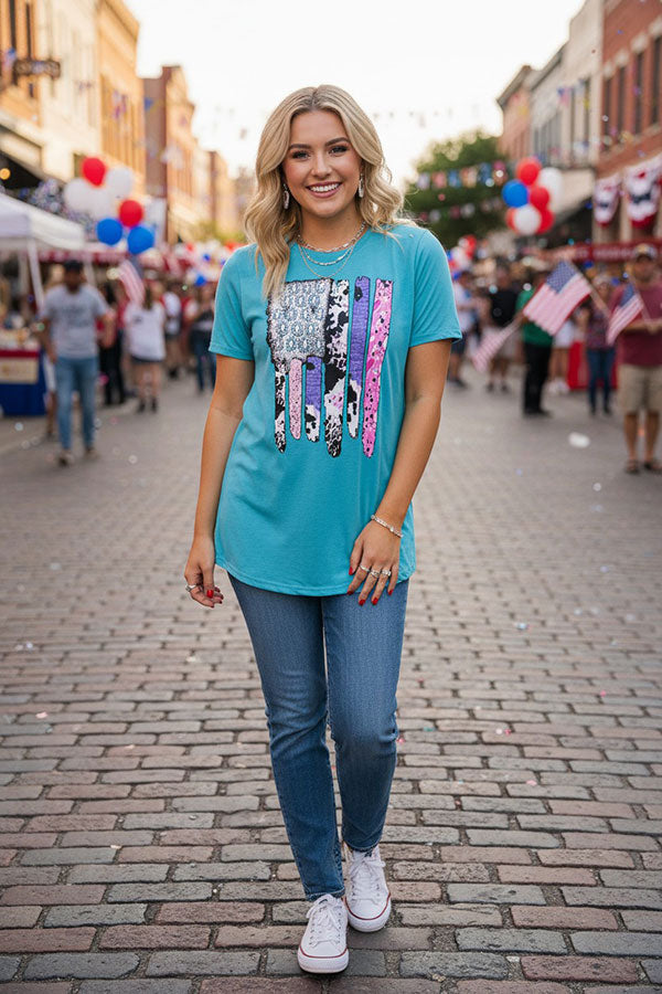 4th of July Turquoise w/multi cow & jewel printed short sleeves DLH10860