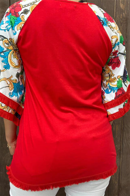 GJQ13583 Paisley multi color printed red body w/tassels raglan 3/4 sleeves women tops