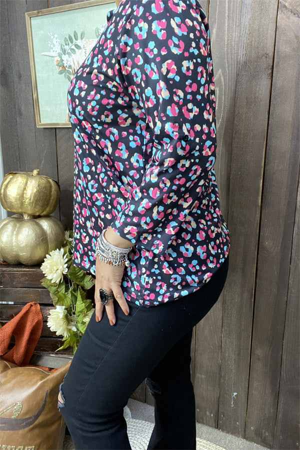 BQ15686 Colorful leopard printed V-neckline 3/4 sleeve women tops